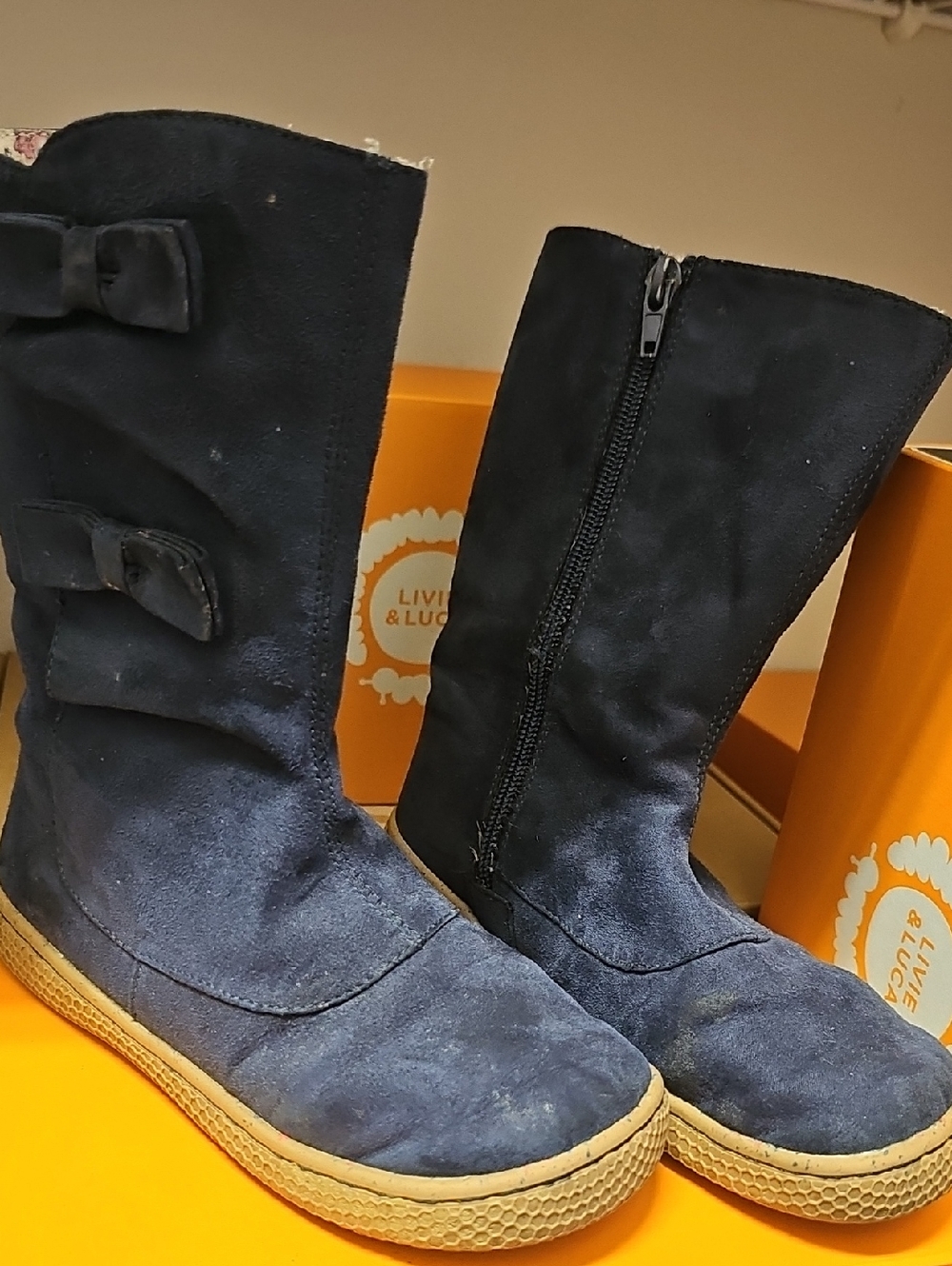 Livie & Luca Navy Suede Girls' Mid-Calf Boots with Side Bows